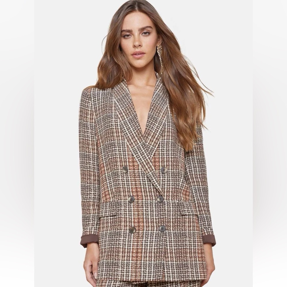 L'Agence Jayda Brown Tweed Print Lightweight Crepe Oversized Blazer Jacket NWT